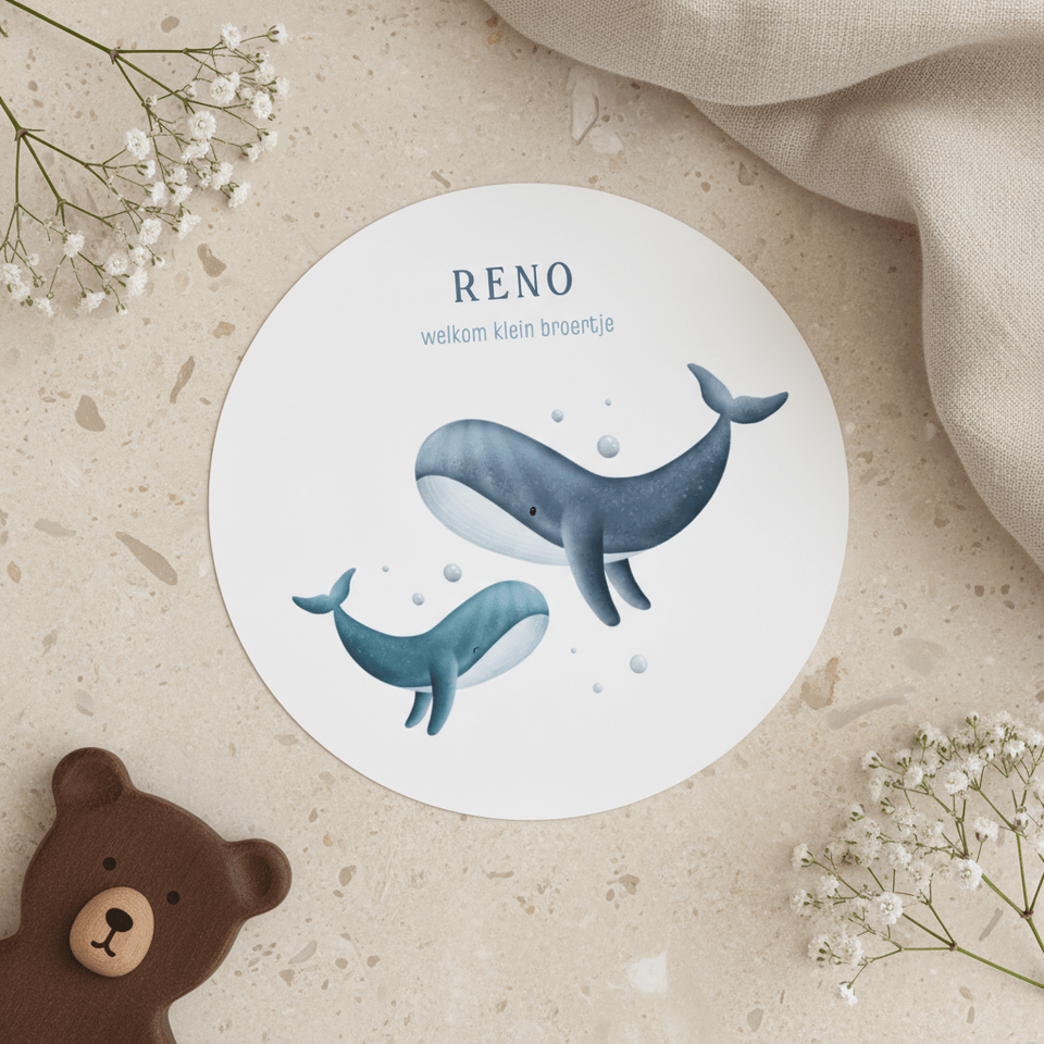 Lief rond geboortekaartje broertje met 2 walvissen
