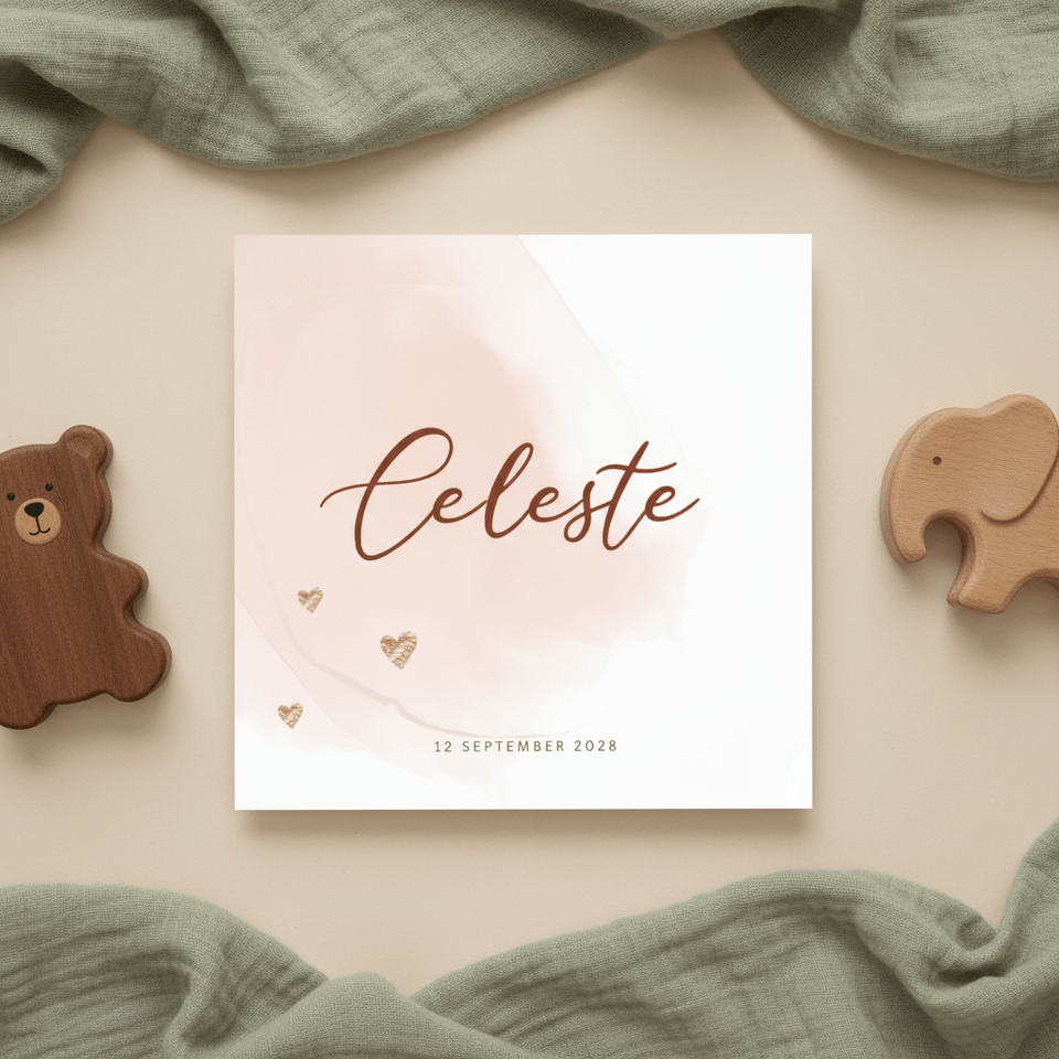 Lief roze watercolor brush geboortekaartje meisje hartjes