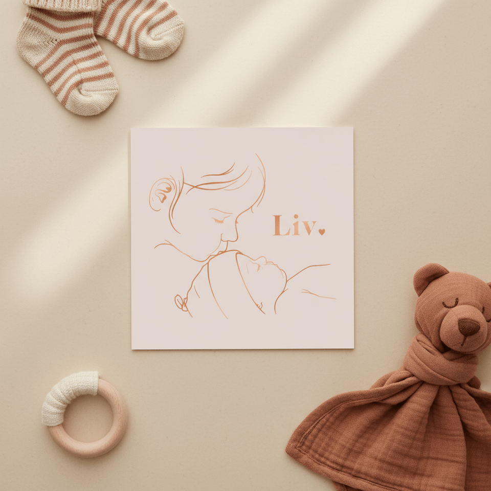 Lief vierkant geboortekaartje zus kust baby - koperfolie