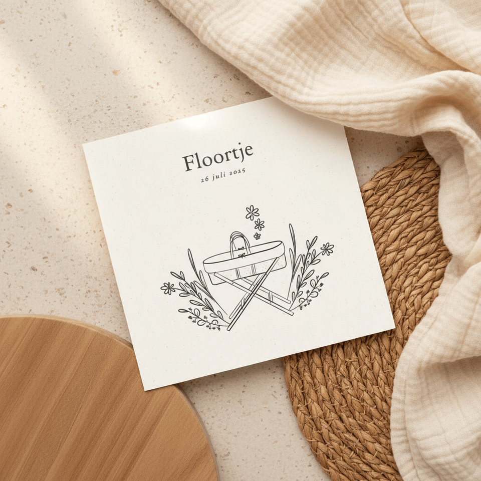 Lief zwart wit geboortekaartje met wiegje en bloemen