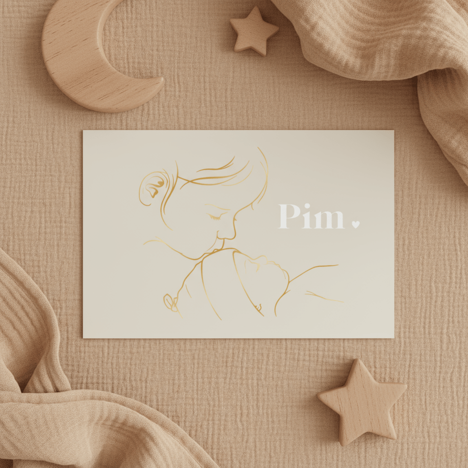 Liggend geboortekaartje goudillustratie – zus kust baby