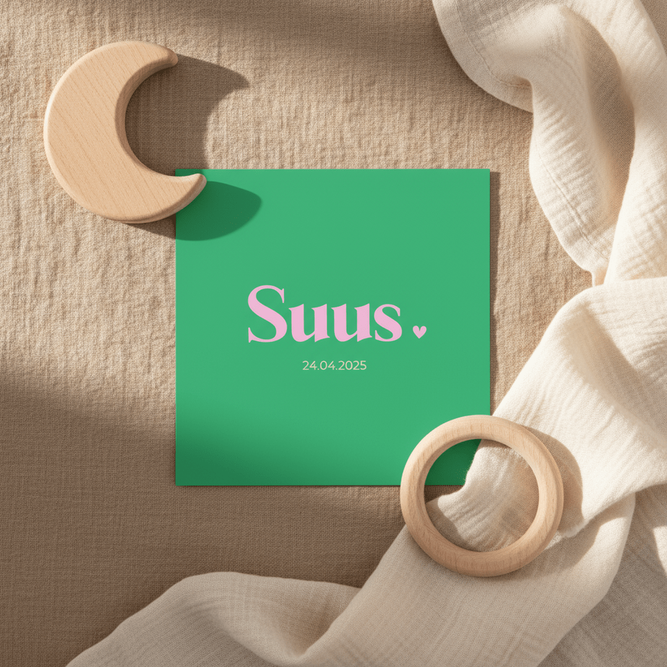 Minimalistisch color blocking geboortekaartje groen en roze