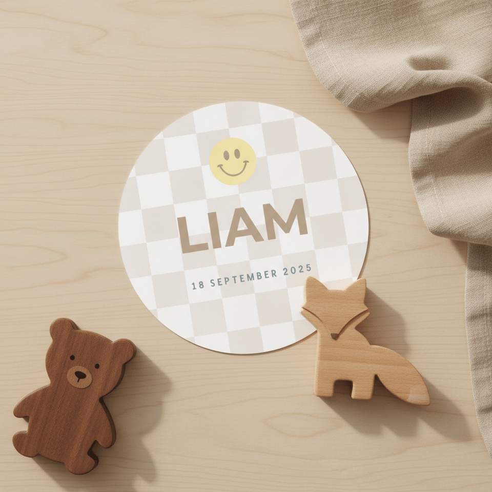 Minimalistisch geboortekaartje gele smiley en beige blokjes