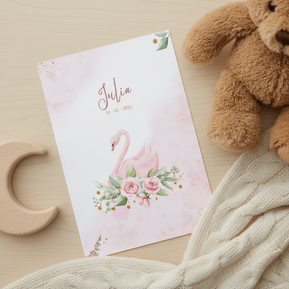 Mooie geboortekaart met zwaan en roosjes