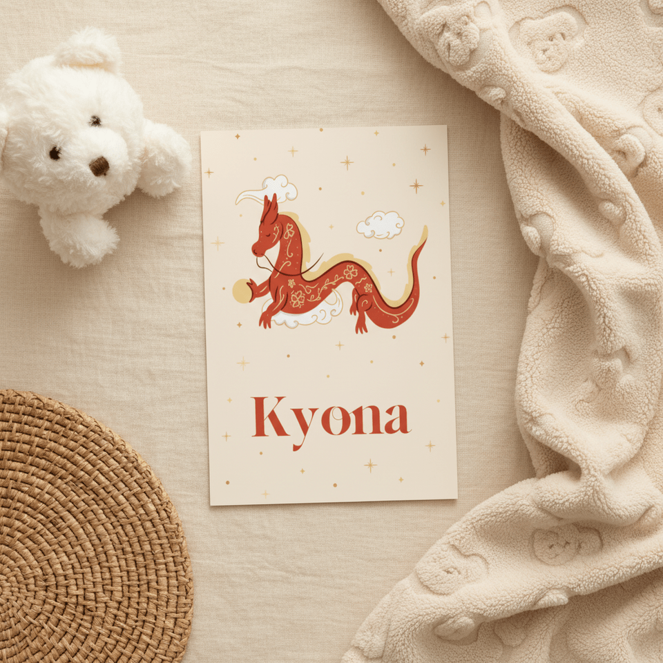 Origineel geboortekaartje met draak en gouden sterretjes