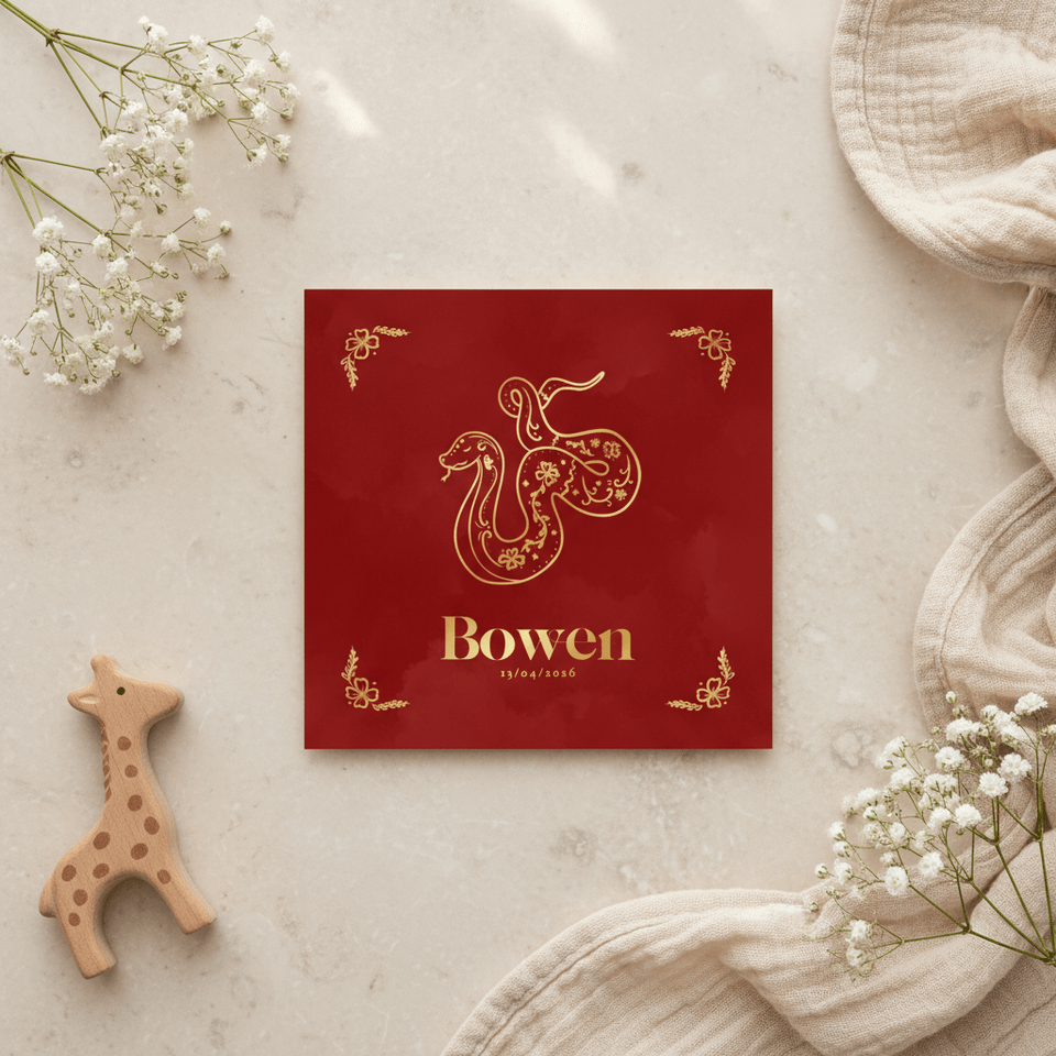 Origineel geboortekaartje rood met gouden slang sterrenbeeld