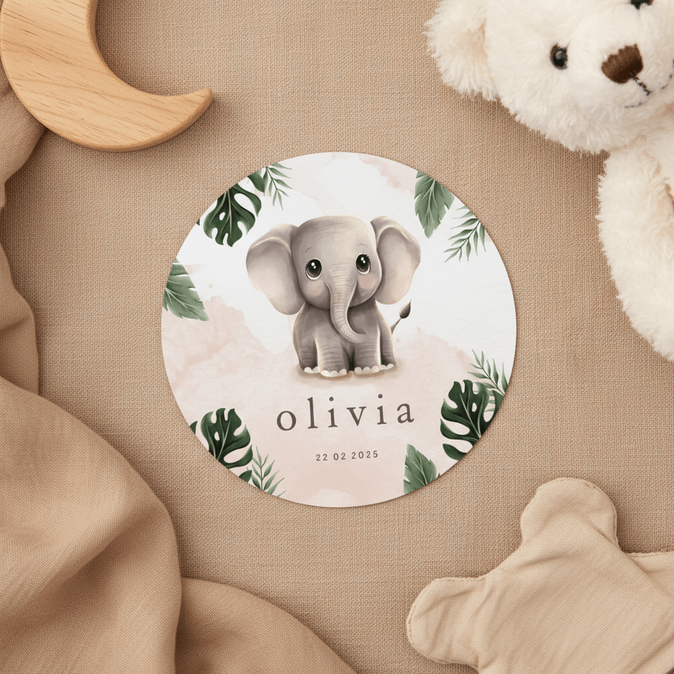 Rond geboortekaartje lief olifantje roze jungle thema