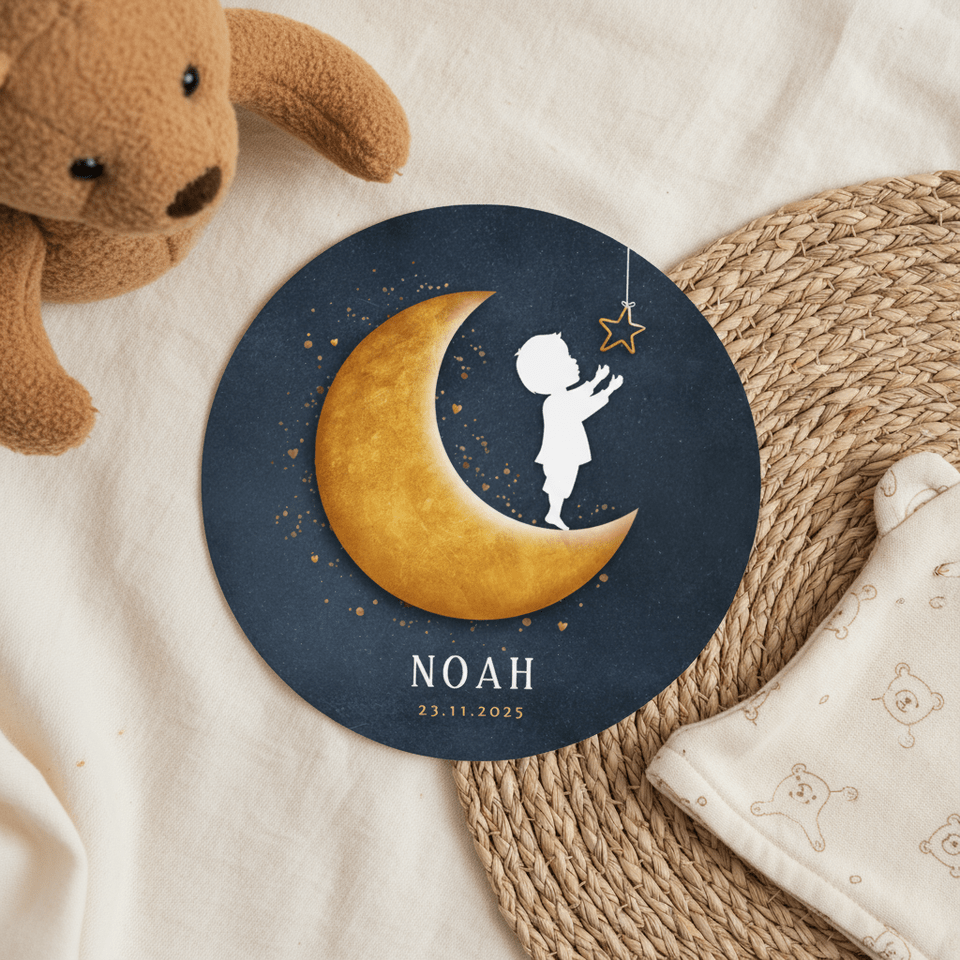 Rond geboortekaartje met silhouet van jongen op een maan