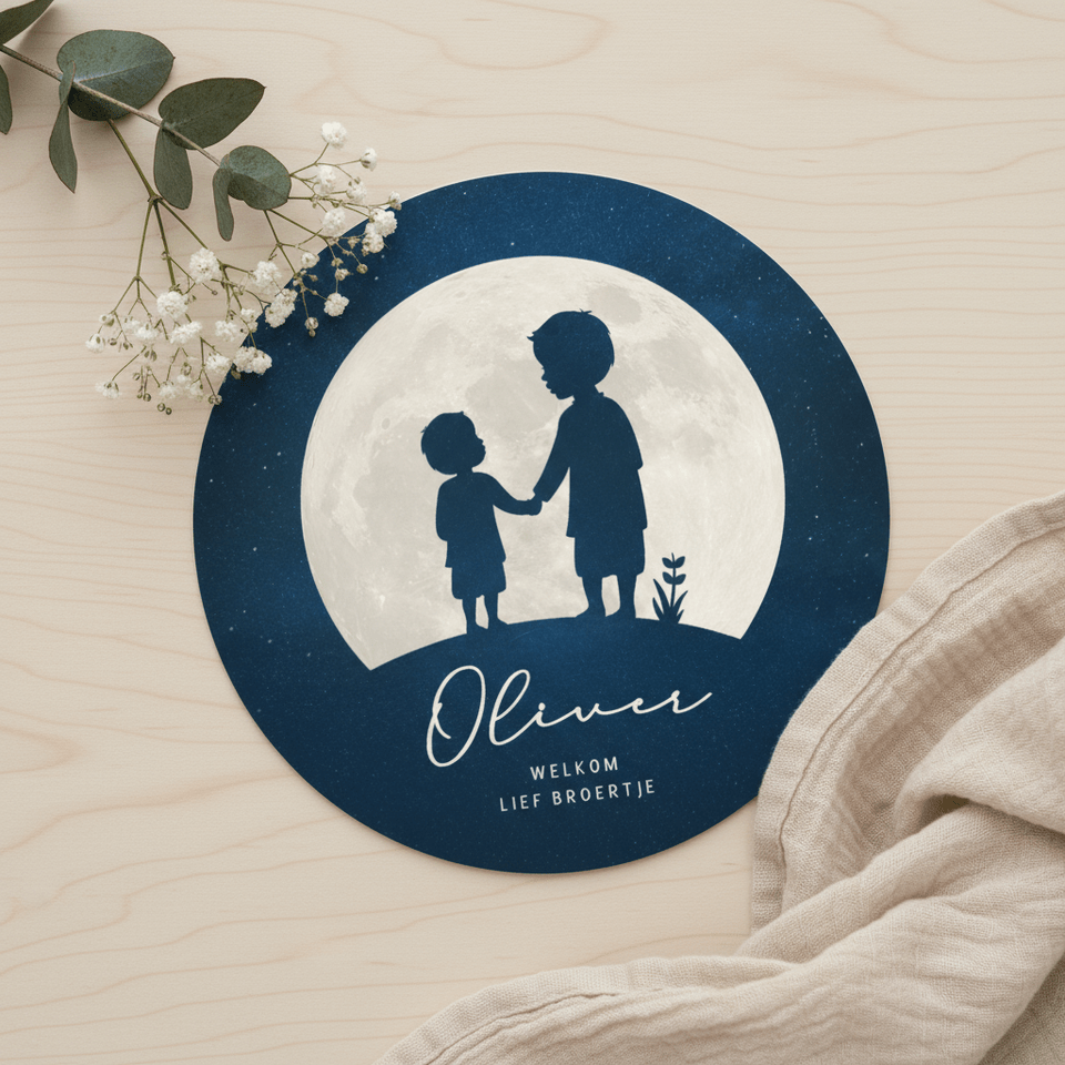 Rond geboortekaartje silhouet 2 broertjes in volle maan