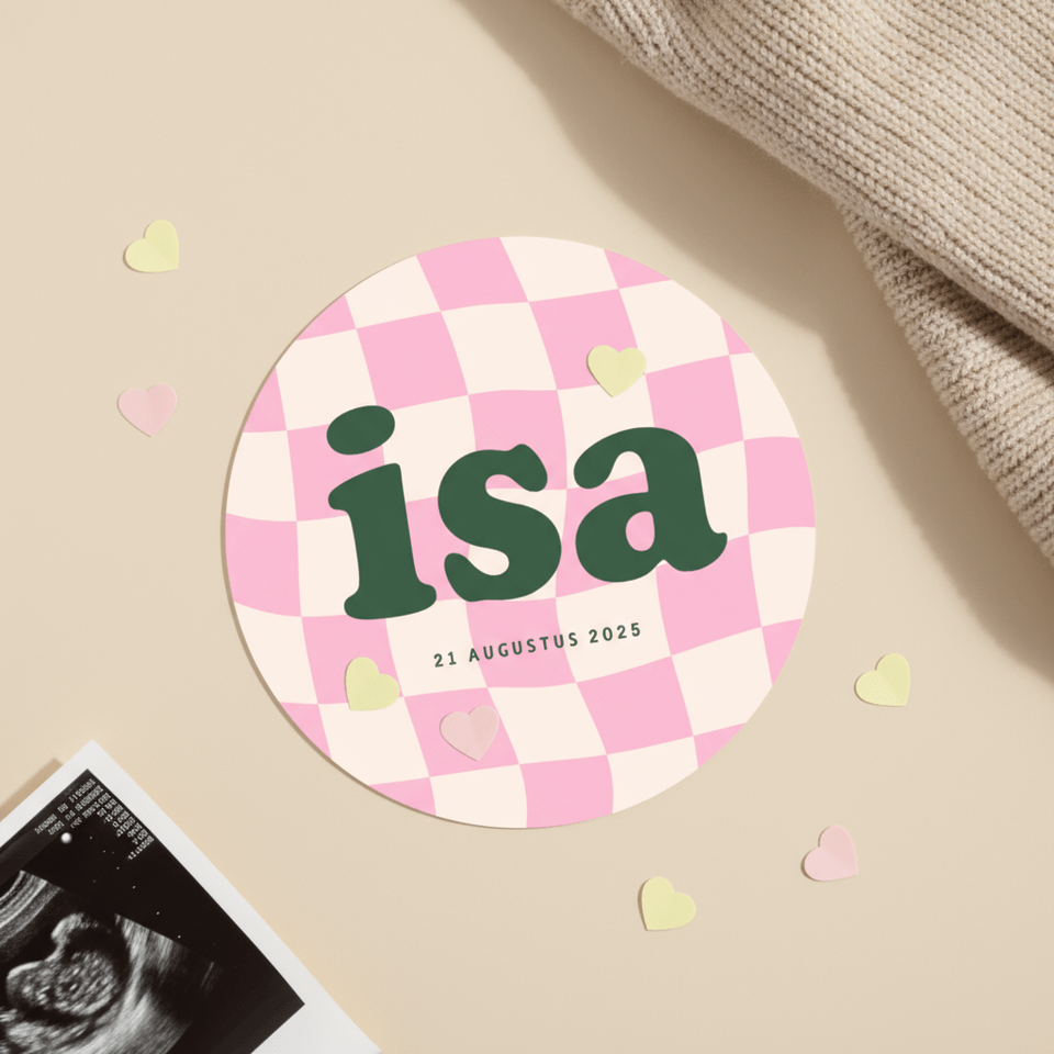 Schattig geboortekaartje cirkel met groovy blokjes roze 