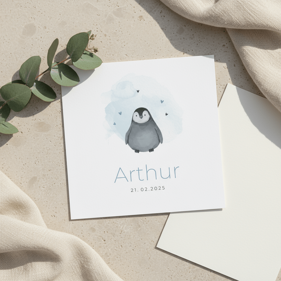 Schattig geboortekaartje met baby pinguïn en waterverf