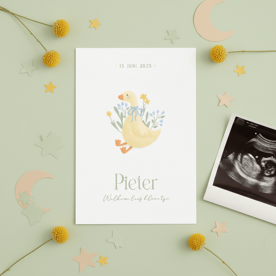 Schattig wit geboortekaartje jongentje met gansje en bloemen