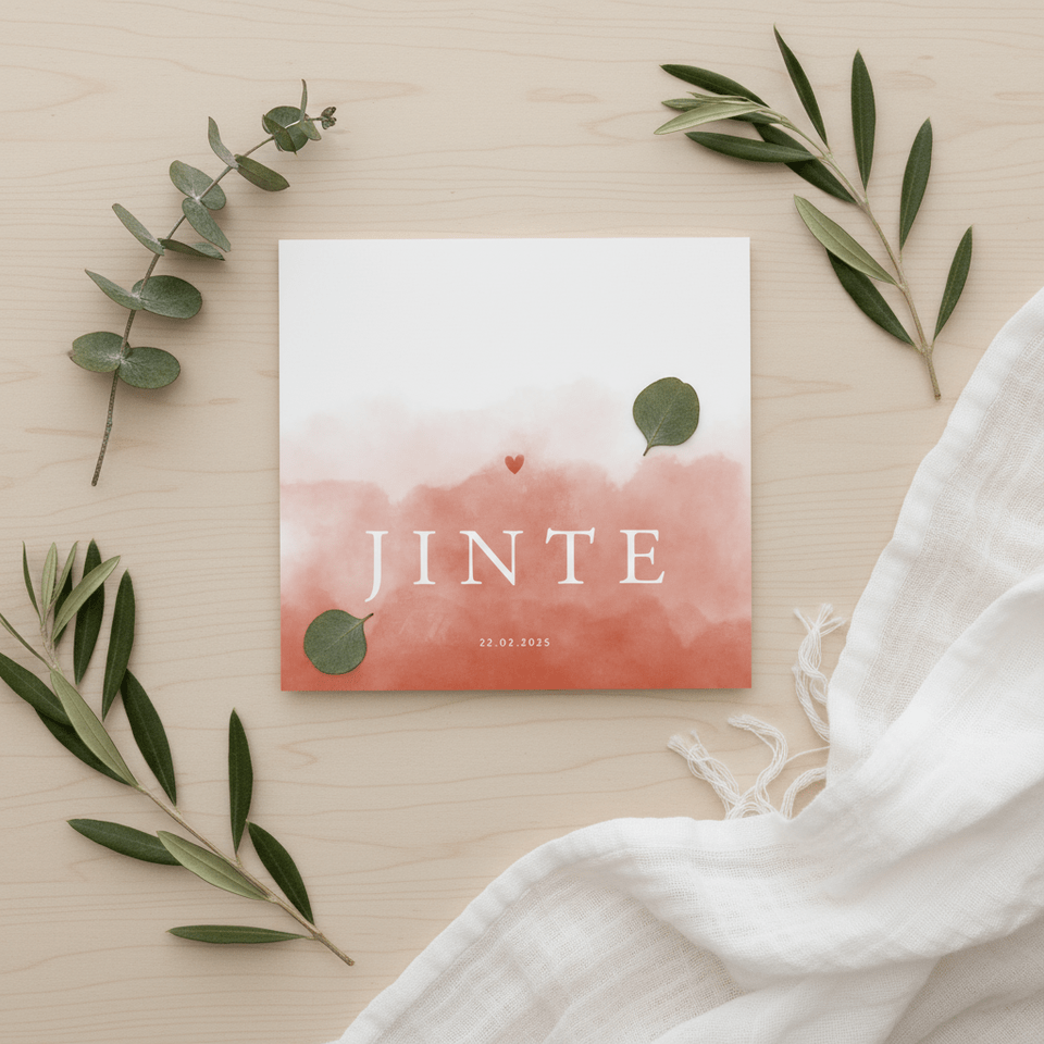 Stijlvol fries geboortekaartje terra waterverf met hartje