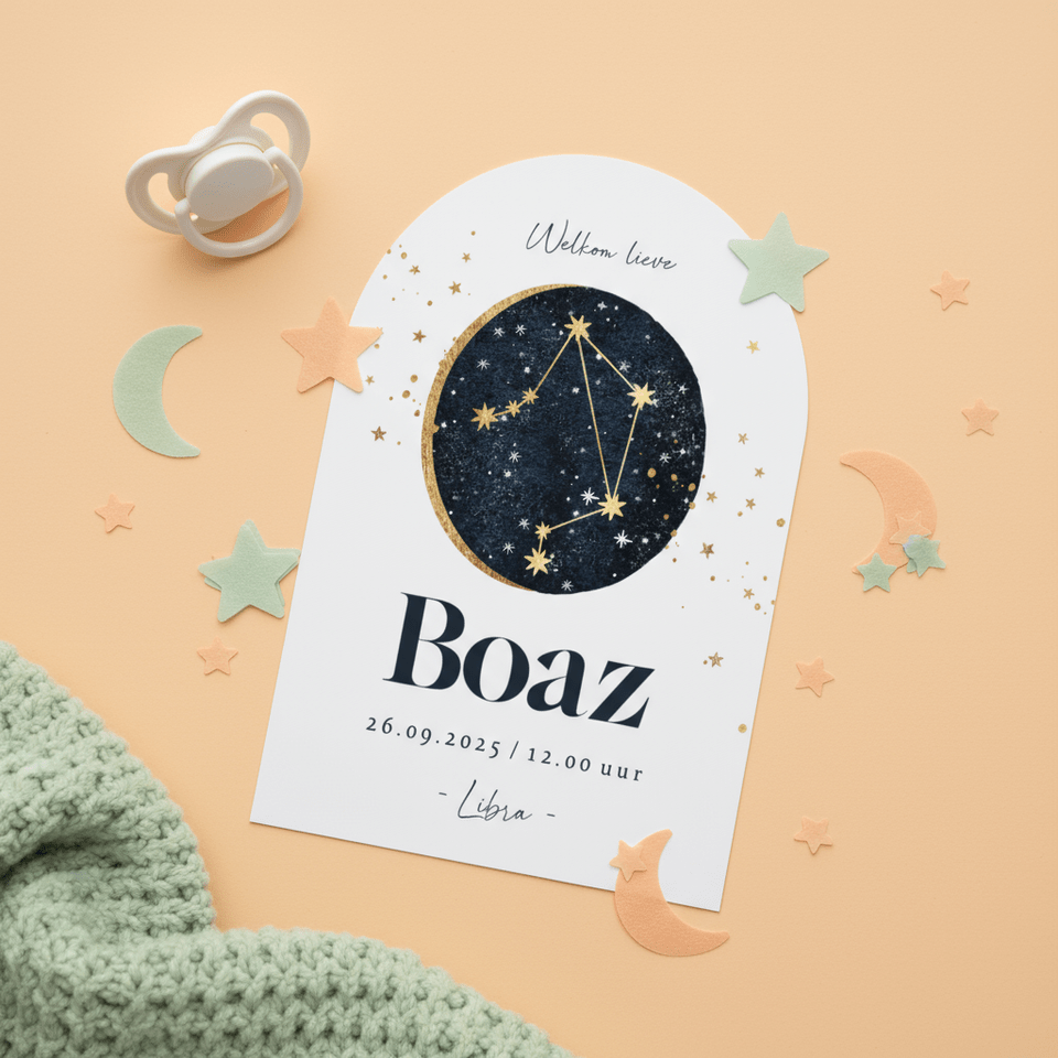 Stijlvol geboortekaartje astrologie weegschaal sterren maan