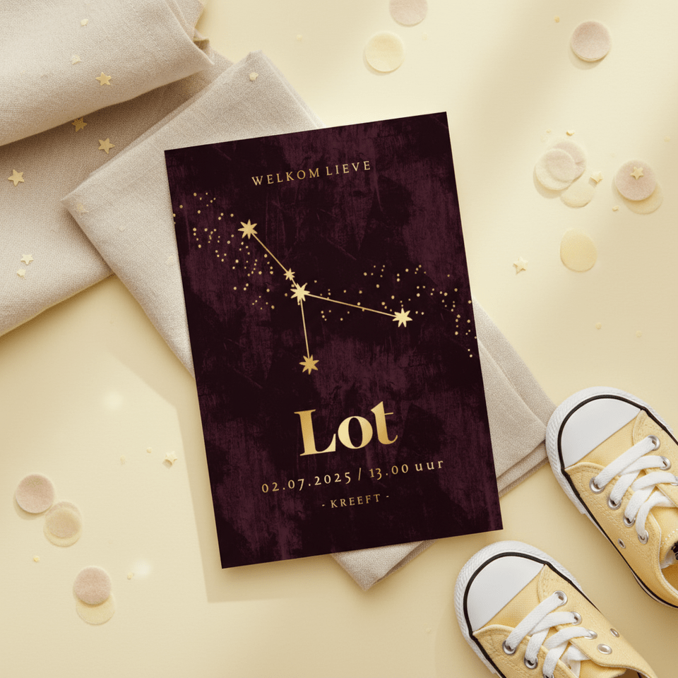 Stijlvolle geboortekaart sterrenbeeld kreeft astrologie goud