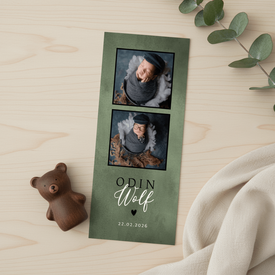 Stoer geboortekaartje met foto's, groene waterverf en hartje