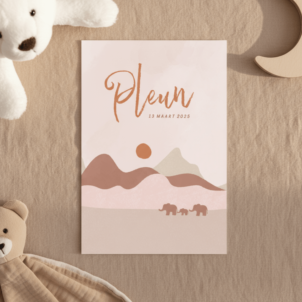 Trendy geboortekaartje met landschap met olifantjes roze