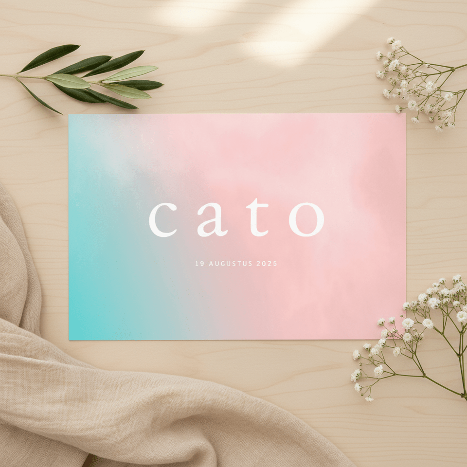 Trendy geboortekaartje met turquoise roze overgang 