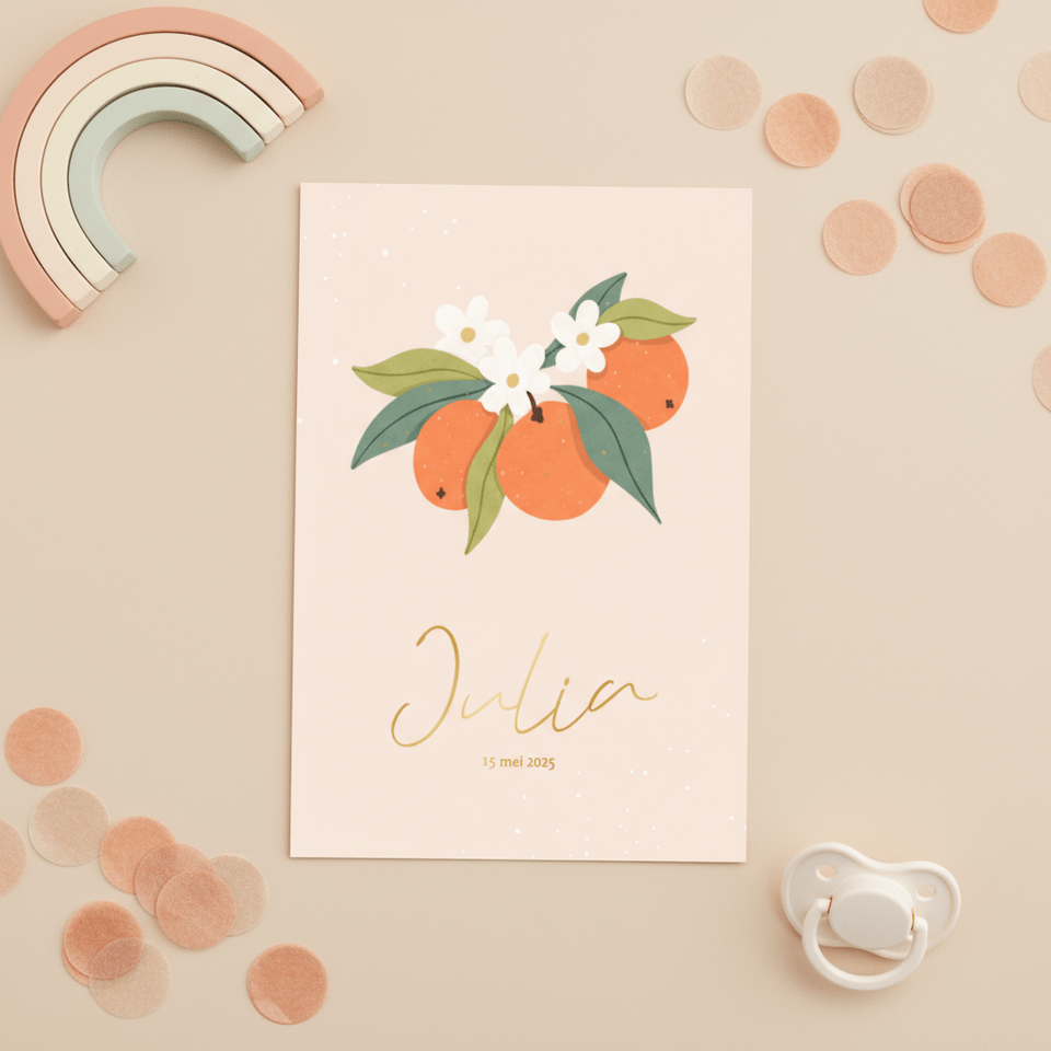 Trendy geboortekaartje oranje met sinaasappels goudfolie