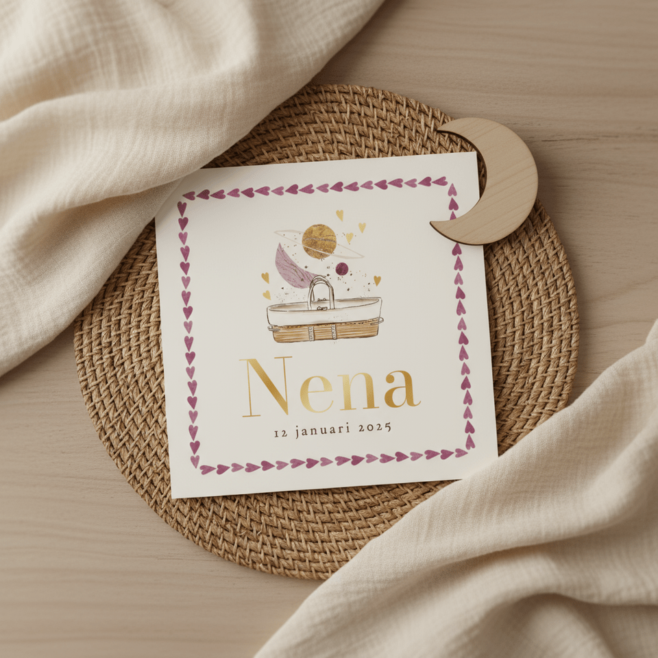 Trendy geboortekaartje wiegje astrologie maan hartjes goud