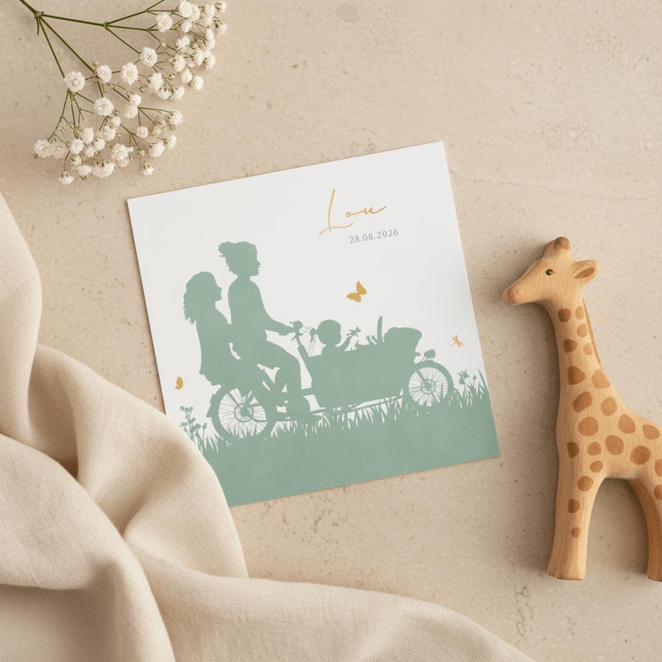 Uniseks geboortekaartje met 2 moeders op een bakfiets
