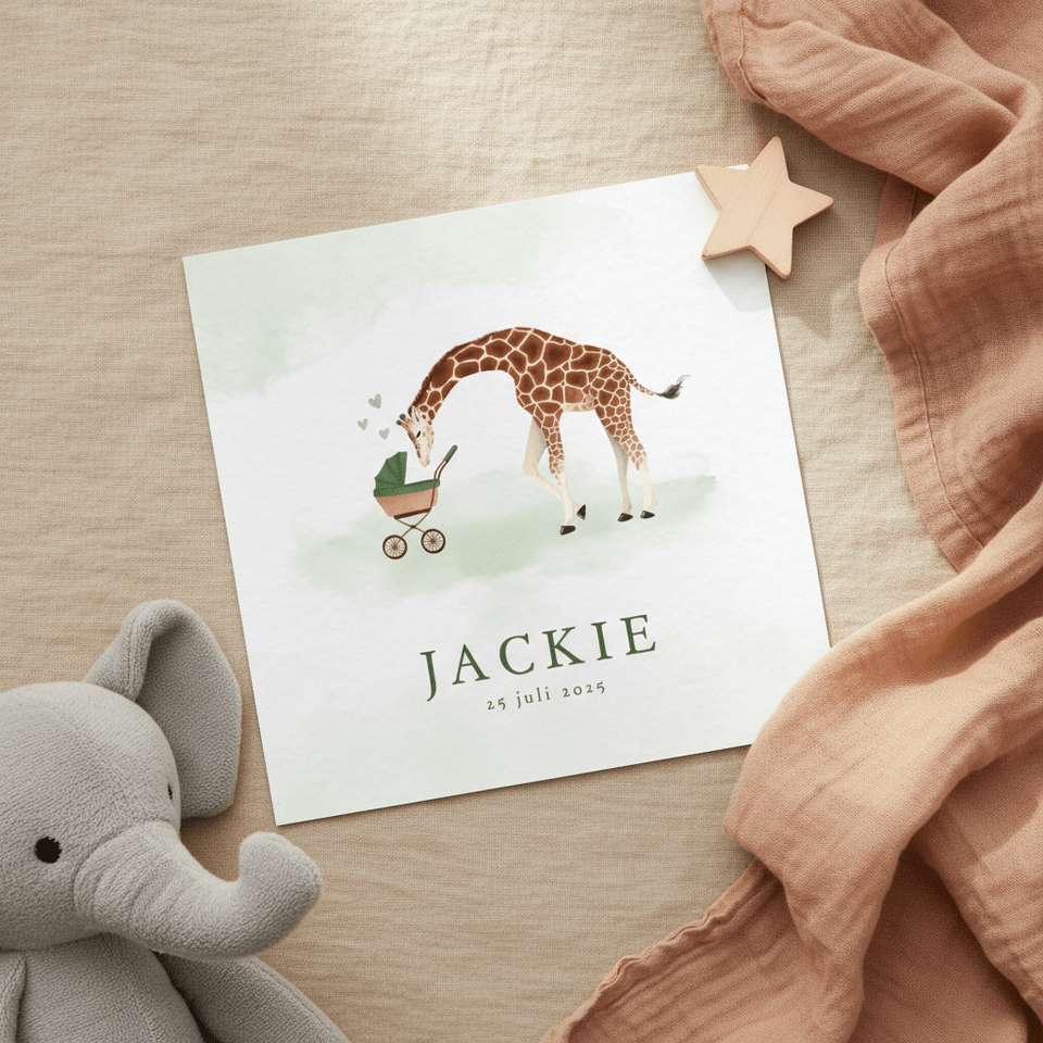 Unisex geboortekaartje met giraf en kinderwagen