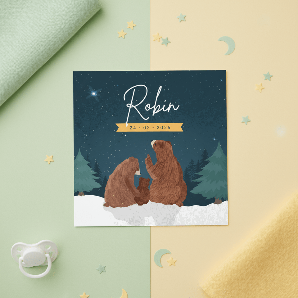 Winters geboortekaartje met illustratie van 3 beren