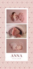 Fotocollage geboortekaartje met roze bloemenpatroontje