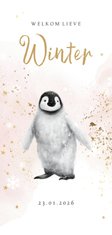 Geboortekaartje winter pinguïn watercolour spetter goudlook
