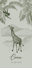 Groen geboortekaartje jungle handgetekend giraf aapje