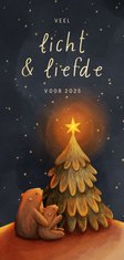 Kerstkaart langwerpig beertjes bij kerstboom met ster