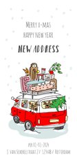 Kerstverhuiskaart vw busje met kerstman in de sneeuw