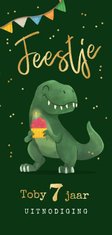 Kinderfeestje uitnodiging dinosaurus t-rex slingers confetti