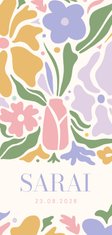Langwerpig geboortekaartje meisje met pastel bloemen