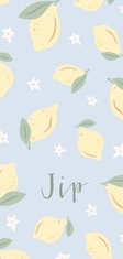 Lief blauw geboortekaartje met citroenen en bloemetjes