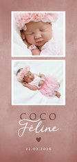 Lief geboortekaartje met foto's roze waterverf en hartje