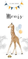 Lief geboortekaartje met geillustreerde giraf en vlaggenlijn