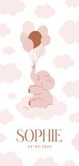 Lief geboortekaartje met olifantje en ballonnen wit roze