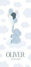 Lief wit geboortekaartje met blauw olifantje en ballonnen 