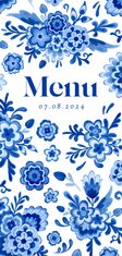 Menukaart bruiloft Delfts blauw bloemen romantisch vintage