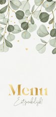 Menukaart bruiloft goud eucalyptus groen hartjes