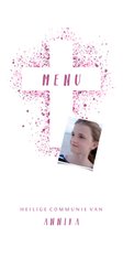 Menukaart communie kruis & foto verfspetters roze