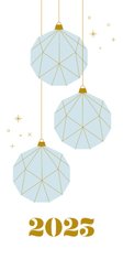 Minimalistische kerstkaart met papieren kerstballen en 2023