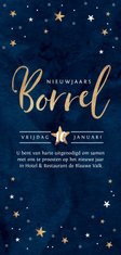 Nieuwjaarskaart borrel goudlook blauw met sterren