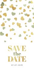 Romantische save the date uitnodiging hartjes goud groen