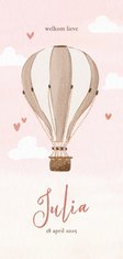 Roze geboortekaartje met beige luchtballon