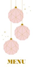 Roze kerst menukaart met papieren kerstballen en sterren