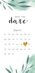 Save the date kalender kaart met waterverf en blaadjes 