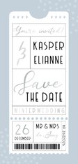 Save the Date trouwkaart winter wedding ticket blauw