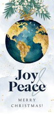 Stijlvolle kerstkaart 'Joy & Peace' wereldbol goud waterverf